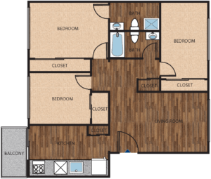 A floor plan of a house with three bedrooms, two bathrooms, a closet, a balcony, and a kitchen.